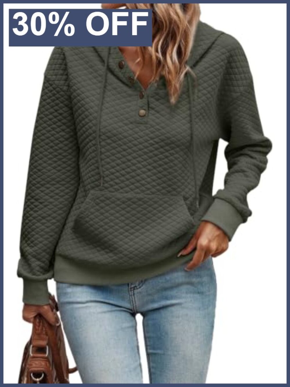 Women's Quilted Half Button Hoodie Long Sleeve Drawstring Hooded Sweatshirt